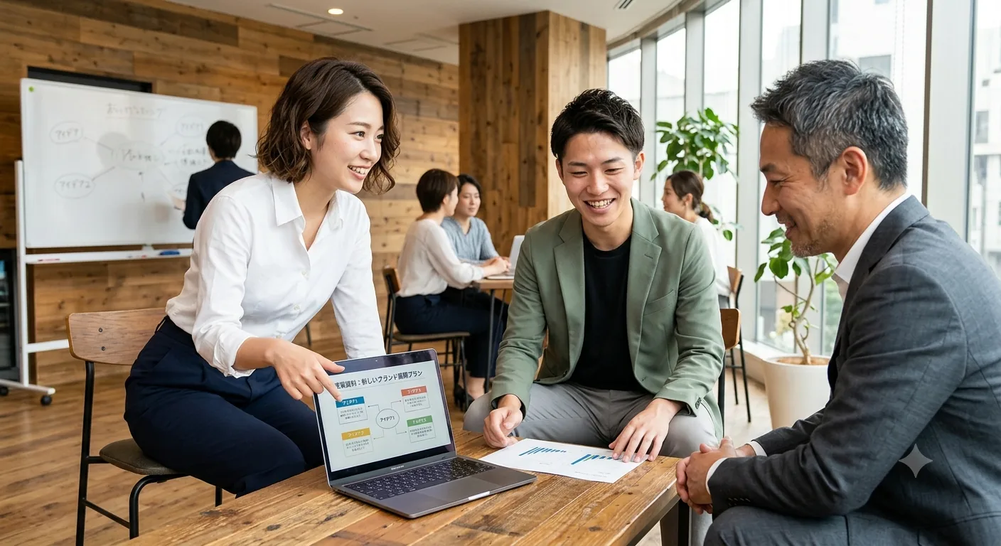 ノートPCの提案資料を示しながら打ち合わせをする3人のビジネスパーソン