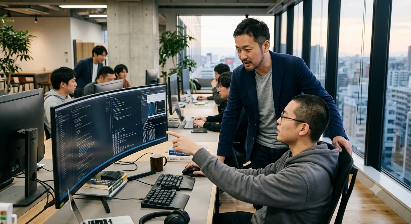 モニターに映るコードを指しながら実装方針を確認する2人のエンジニア